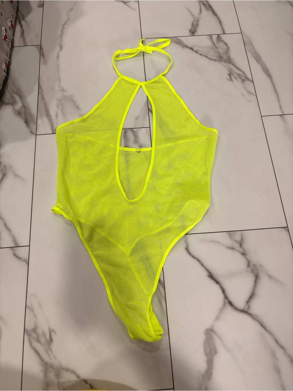 Fantasy Lingerie Neon Yellow Mesh Halter Teddy Bodysuit Size Large
